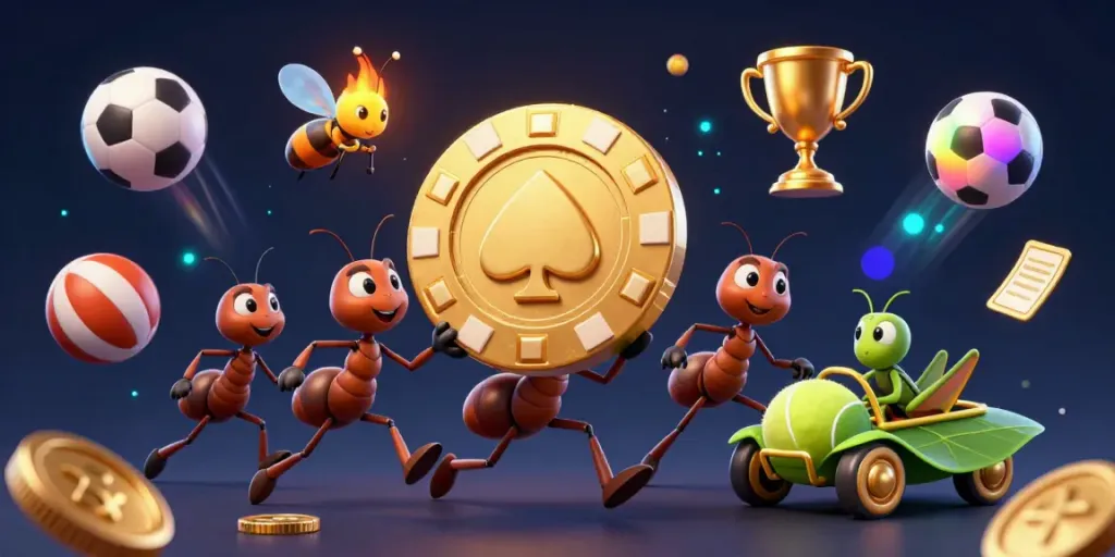 Catch ALO88's dynamic heist scene with cartoon ants and golden poker chips in a vibrant casino setting.