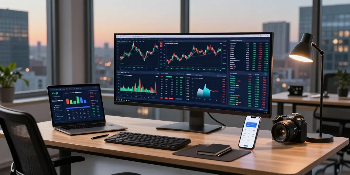 Playexch247 digital trading environment with cryptocurrency charts and DeFi dashboard on monitors, showcasing a secure workspace setup.