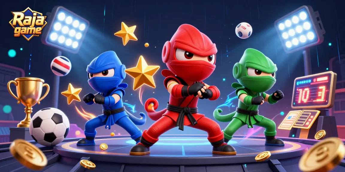 Engage in the exciting Raja game with a vibrant illustration of a ninja chameleon team amidst dynamic casino elements.