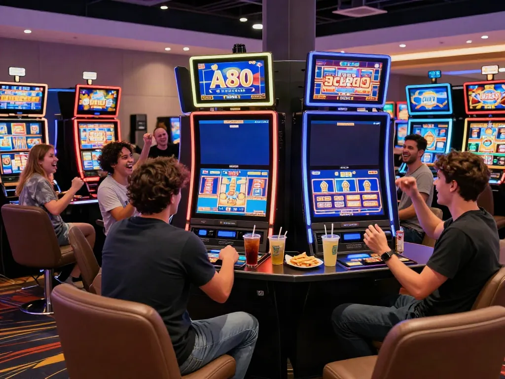 A lively casino scene with players enjoying the A80 slot information platform and colorful slot machines.