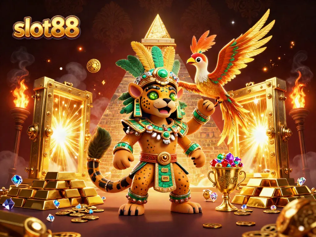 Slot88 menampilkan ilustrasi 3D berwarna-warni dari ikon kasino yang menarik perhatian.
