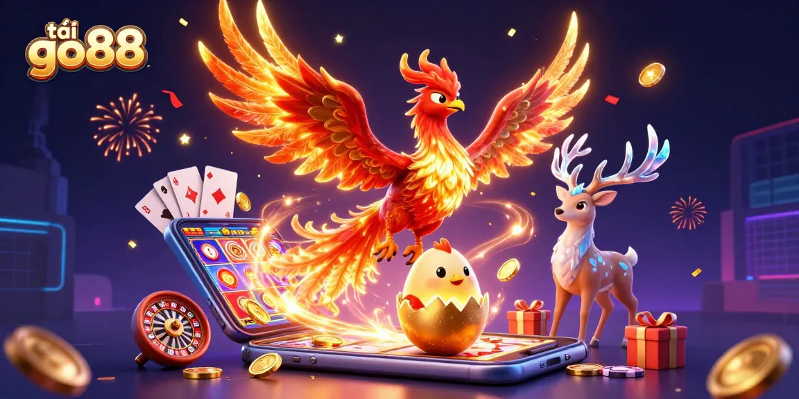 Experience the excitement and thrill to tải go88 with a vibrant 3D casino scene featuring a phoenix, gaming elements, and celebratory details.