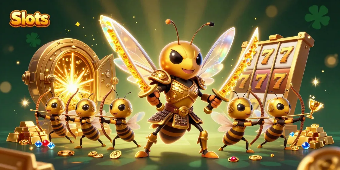 Experience thrilling Slots gameplay with a captivating golden hornet character and vibrant treasures.