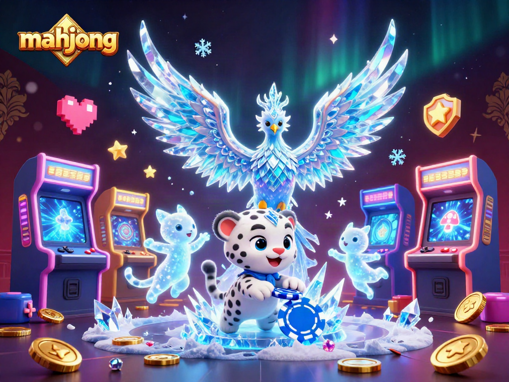 Engage in mahjong with a vibrant, 3D digital illustration of mythical creatures and casino elements.