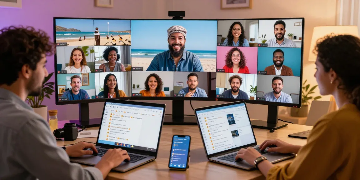 Dynamic video chat scene illustrating شات فلة الخليج with diverse participants in lively conversation.