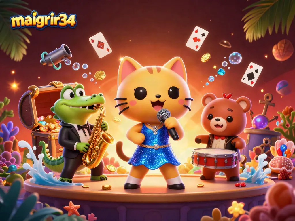Maigrir34 révèle un spectacle de casino dynamique avec des personnages animés, jetons, et effets visuels dans un décor coloré.