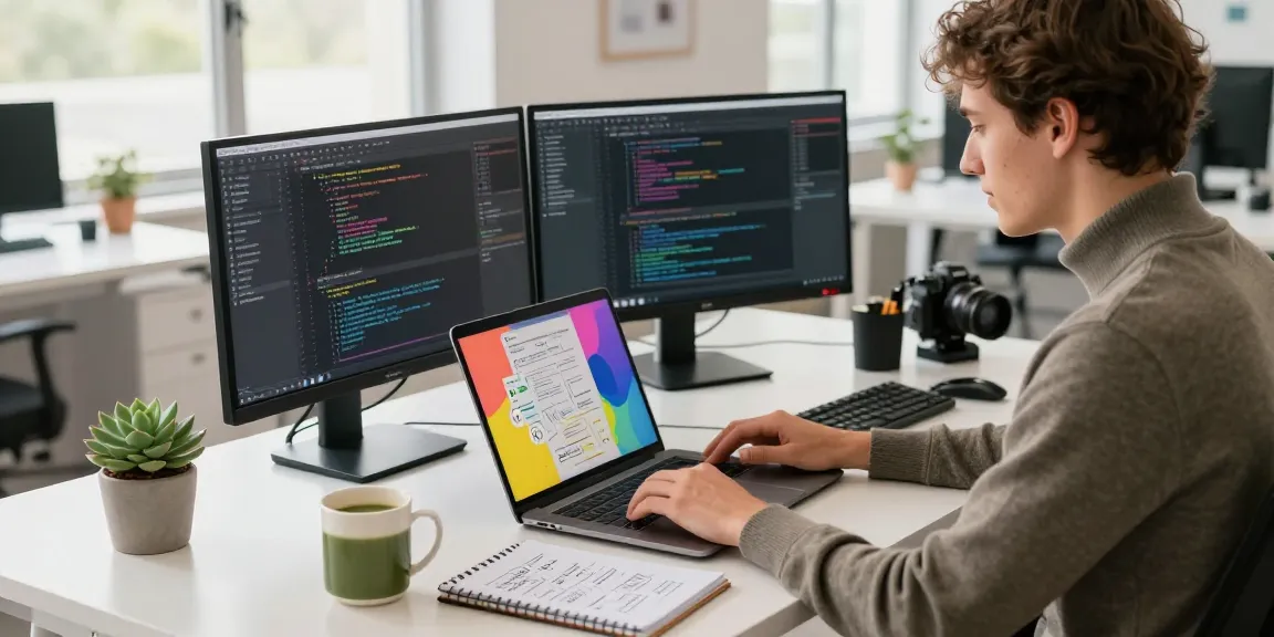 Professional workspace with a young person using the M5 MacBook, showcasing coding and design activities.