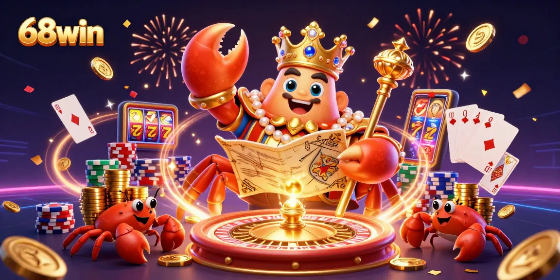 Experience thrilling wins at 68win with a dynamic casino scene featuring golden treasures and festive elements.
