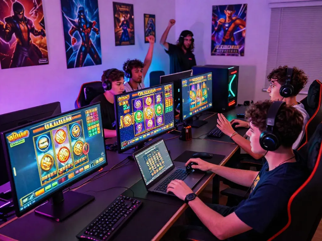 Engaging slot gacor gaming scene with players immersed in colorful online slot games.