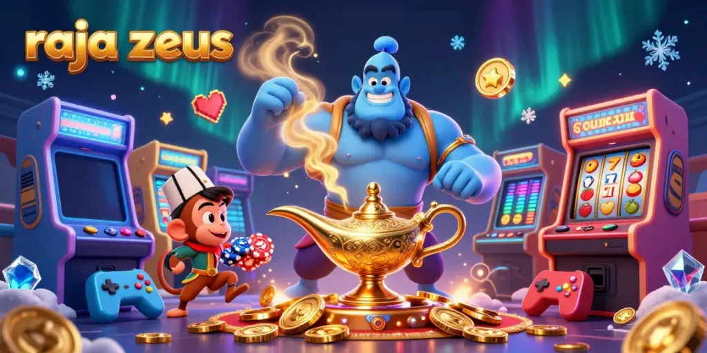 Raja Zeus menghadirkan suasana kasino dengan lampu jin dan ular poker, menggiurkan untuk pemain.