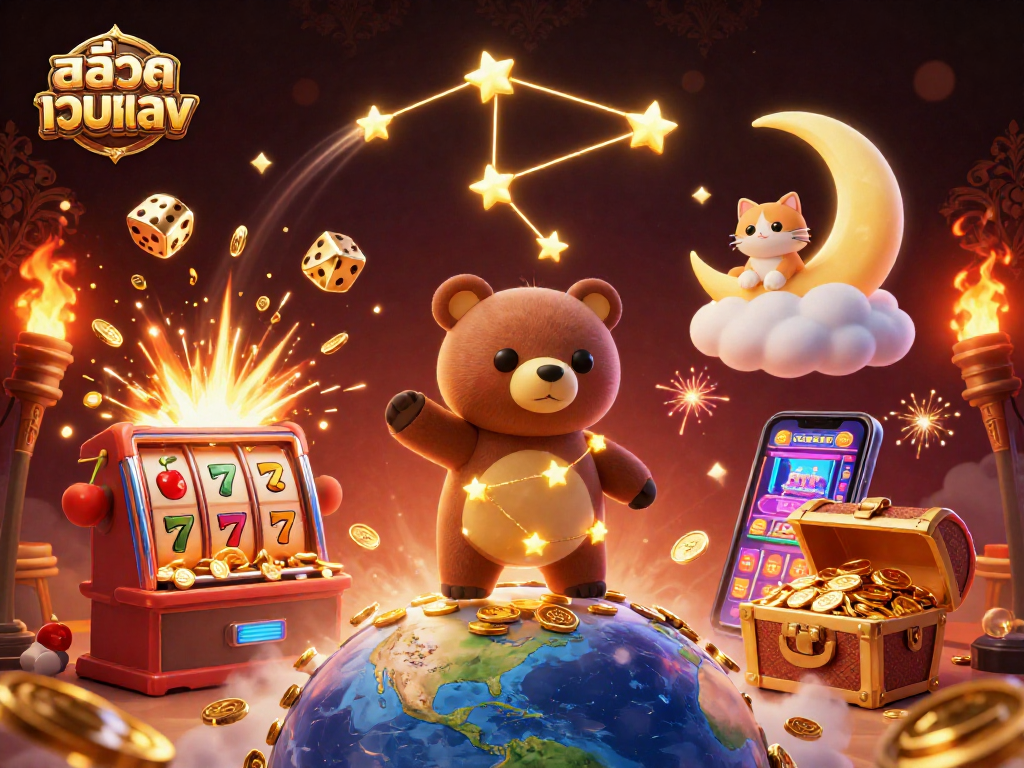 Engage with สล็อตเว็บตรง through an exciting 3D illustration of a jackpot scene, bursting with symbols and animated characters.