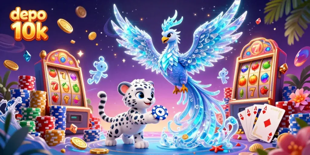 Permainan slot depo 10k yang menarik dengan phoenix es dan sprite berkilauan, penuh keceriaan.