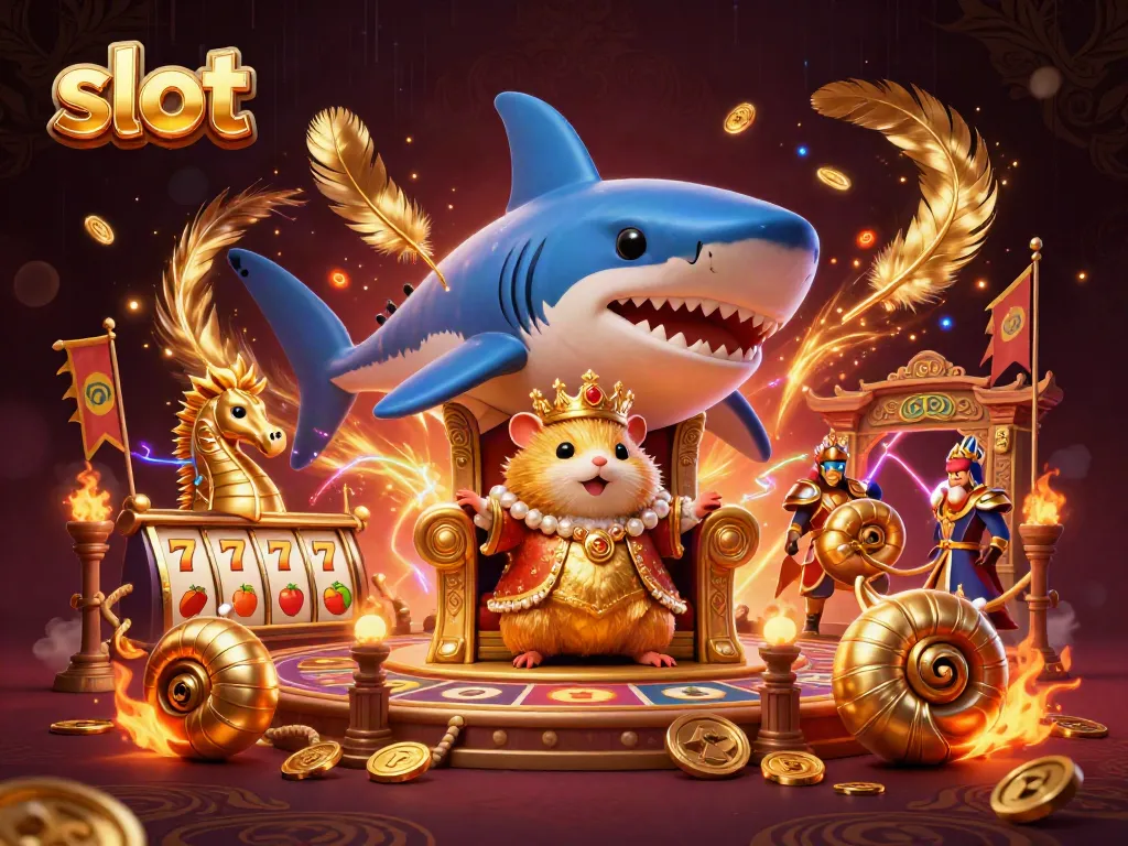 Raih kesenangan bermain slot dengan ilustrasi raja hamster emas di takhta gigi hiu megalodon.
