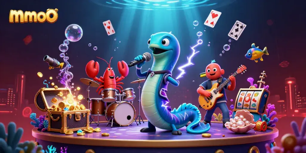 Experience mmoo's vibrant underwater casino scene with electric eel DJ, lucky symbols, and treasure!