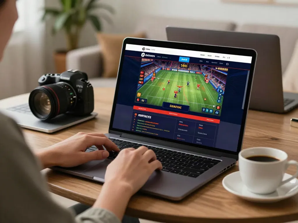 Operatoriu Gidas - Person enjoying online sports betting experience with vibrant graphics and cozy atmosphere.