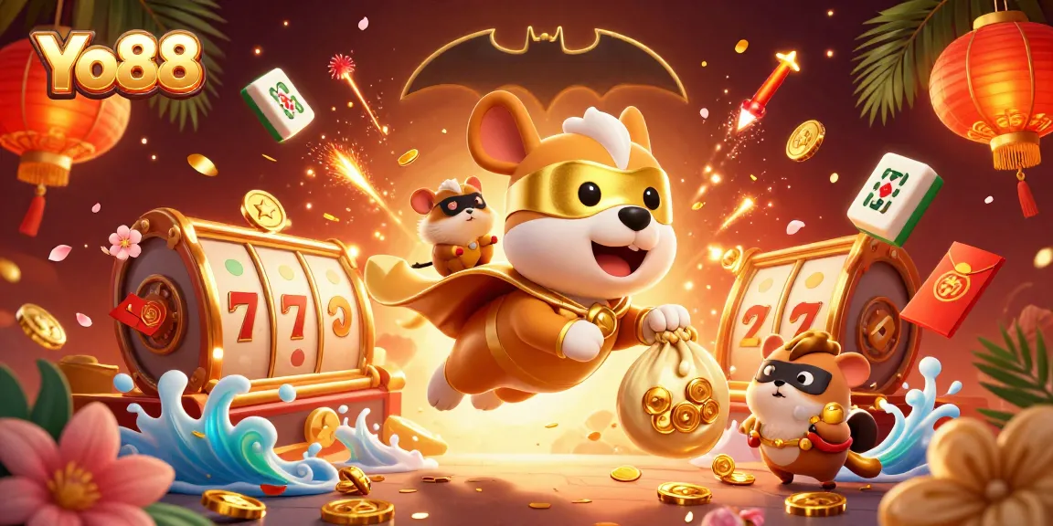 Win big with Yo88's thrilling 3D casino adventure featuring a heroic dog and playful hamster.