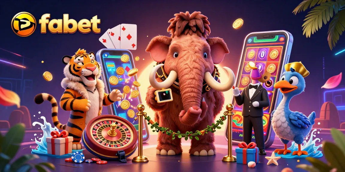 Experience fabet's vibrant casino atmosphere with a mammoth bouncer, saber-tooth guest, and gaming elements.