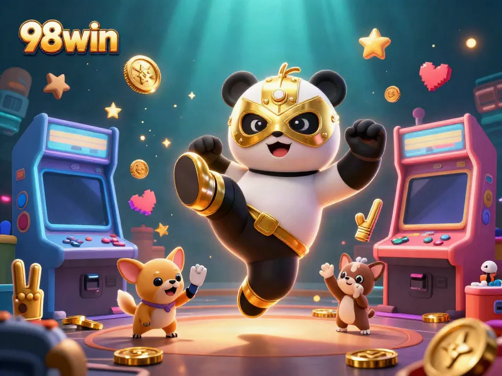 Experience thrilling action with 98win as a panda wrestler kicks while game machines and fans cheer.