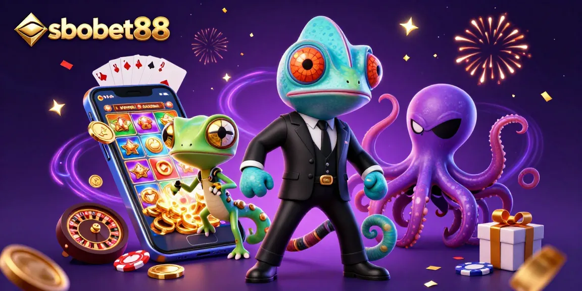 Sbobet88 offers thrilling betting experiences with vibrant slots and engaging characters in a colorful casino scene.