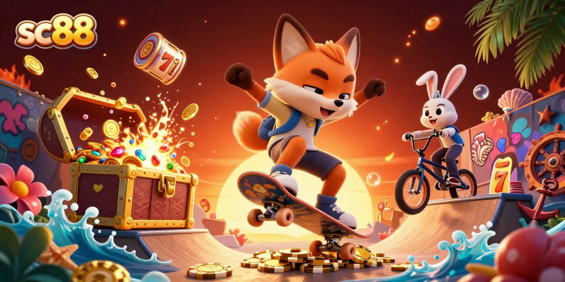 Engage with SC88's thrilling gameplay featuring a skateboarder fox and BMX-riding rabbit in a vibrant casino scene.