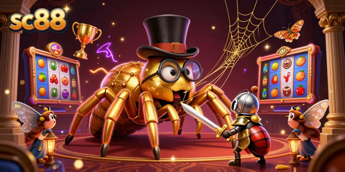 Engage in thrilling jackpot excitement at sc88 with an illustration of a golden tarantula and knight amidst dazzling casino elements.