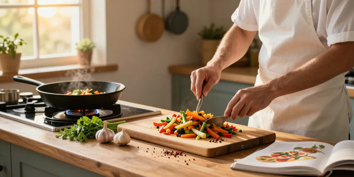 Chef preparing a vibrant stir-fry in a home kitchen, highlighting fresh ingredients for สล็อต enthusiasts.