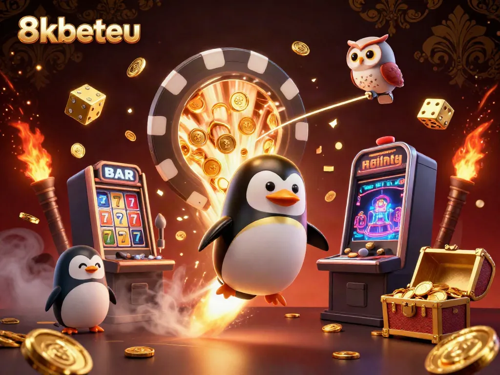 Experience thrilling adventures with 8kbeteu as a golden penguin soars through a vibrant casino atmosphere.