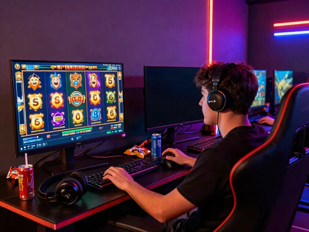 Excited player engaging with king999 online slot game, showcasing vivid graphics and modern gaming setup.