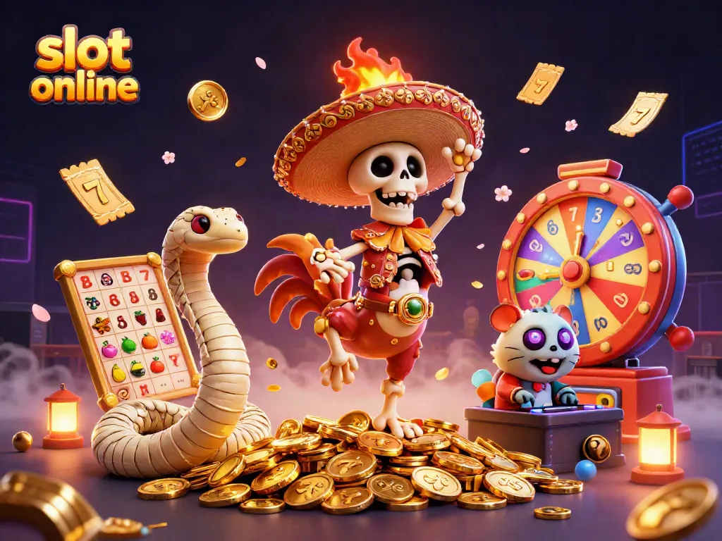 Celebrate wins with exciting slot online adventures in this vibrant 3D casino illustration featuring memorable characters.