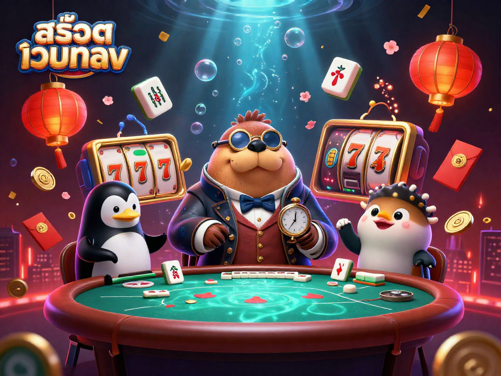 Play สล็อตเว็บตรง at an engaging underwater casino scene with a walrus and penguin dealer.