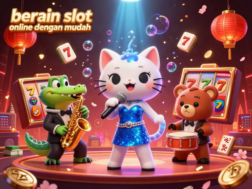 Bermain slot online dengan mudah di kasino dengan kucing penyanyi jazz, buaya pemain saksofon, dan beruang drum, dalam suasana gemerlap.