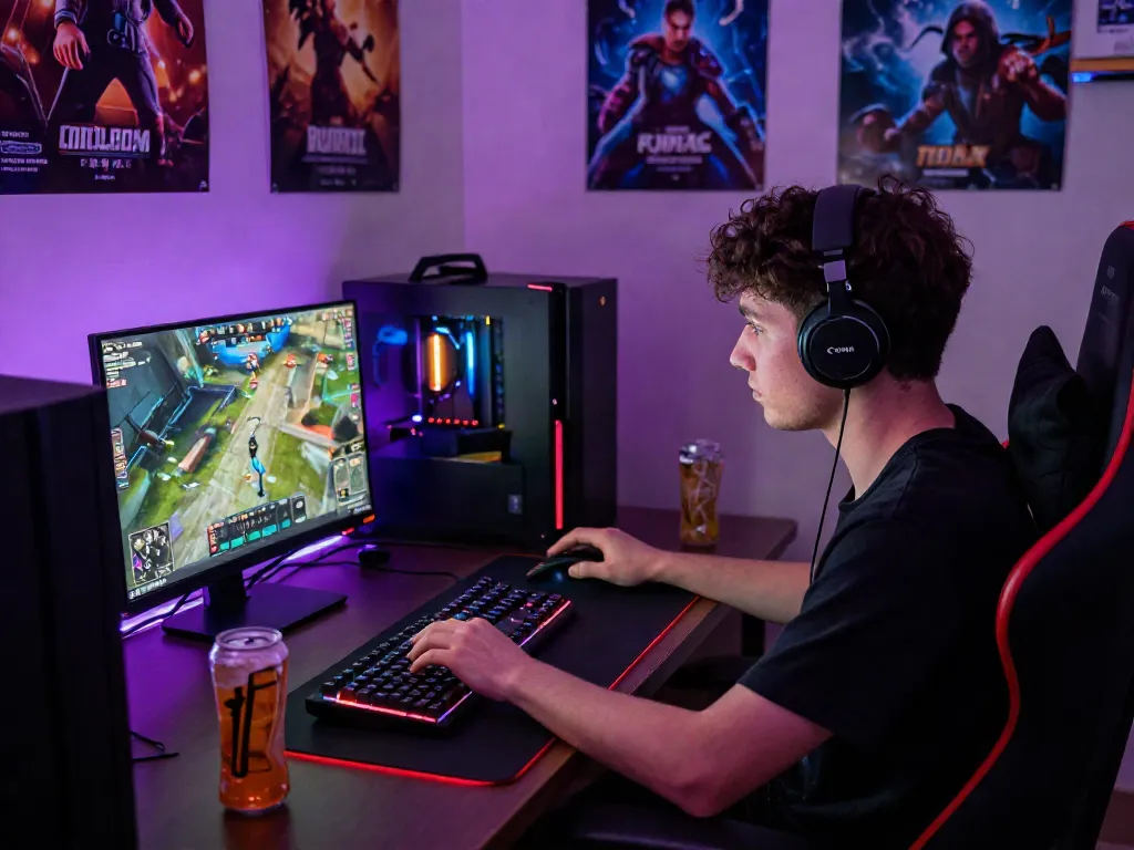 Akunjp online gaming setup with vibrant LED lights and gaming peripherals.