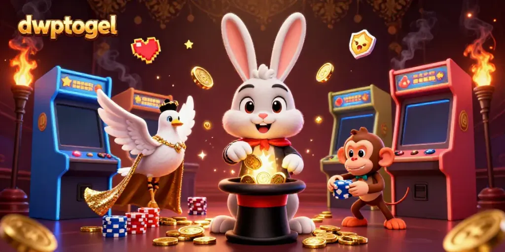 DWPTOGEL menghadirkan perayaan permainan kasino dengan karakter 3D dan simbol keberuntungan.