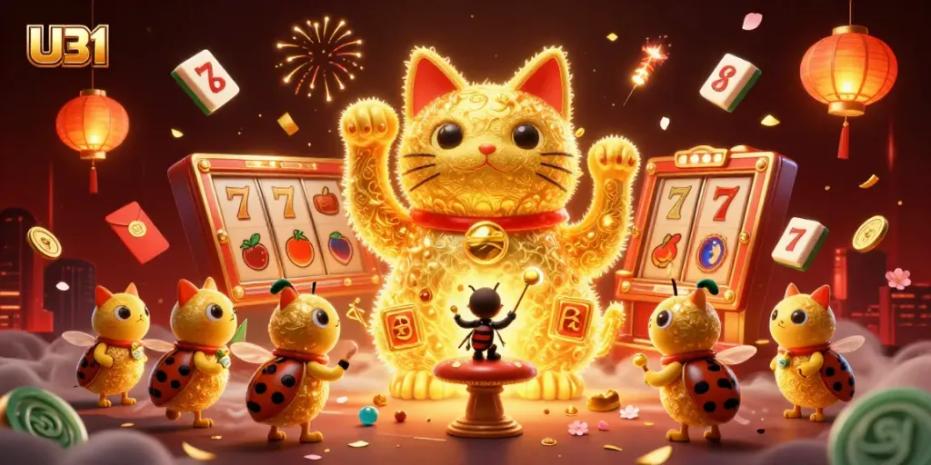 Engage with U31's dynamic gaming scene featuring a lucky cat and vibrant casino symbols.