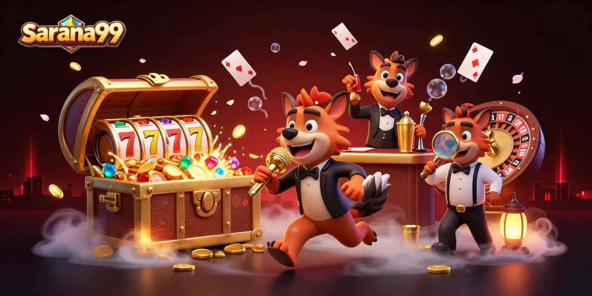 Sarana99 invites gamblers to enjoy a rich casino experience with animated hyenas and vibrant gaming elements.