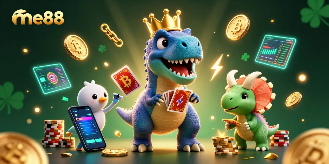 Play and win at me88, where a fun dinosaur duo engages in card shuffling excitement.