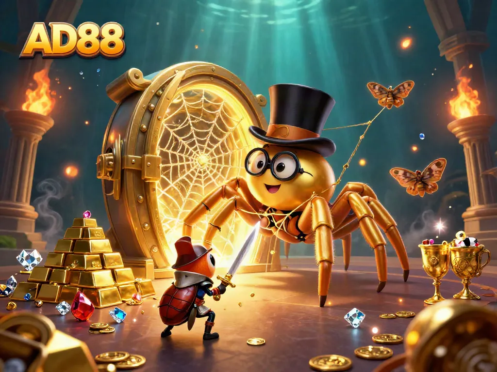 Engage with AD88's vibrant casino atmosphere featuring a golden tarantula and brave beetle knight.