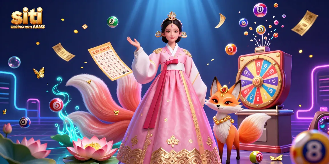 Illustrazione di siti casino non AAMS che presenta una donna asiatica in hanbok con una volpe fortunata tra elementi di lotteria