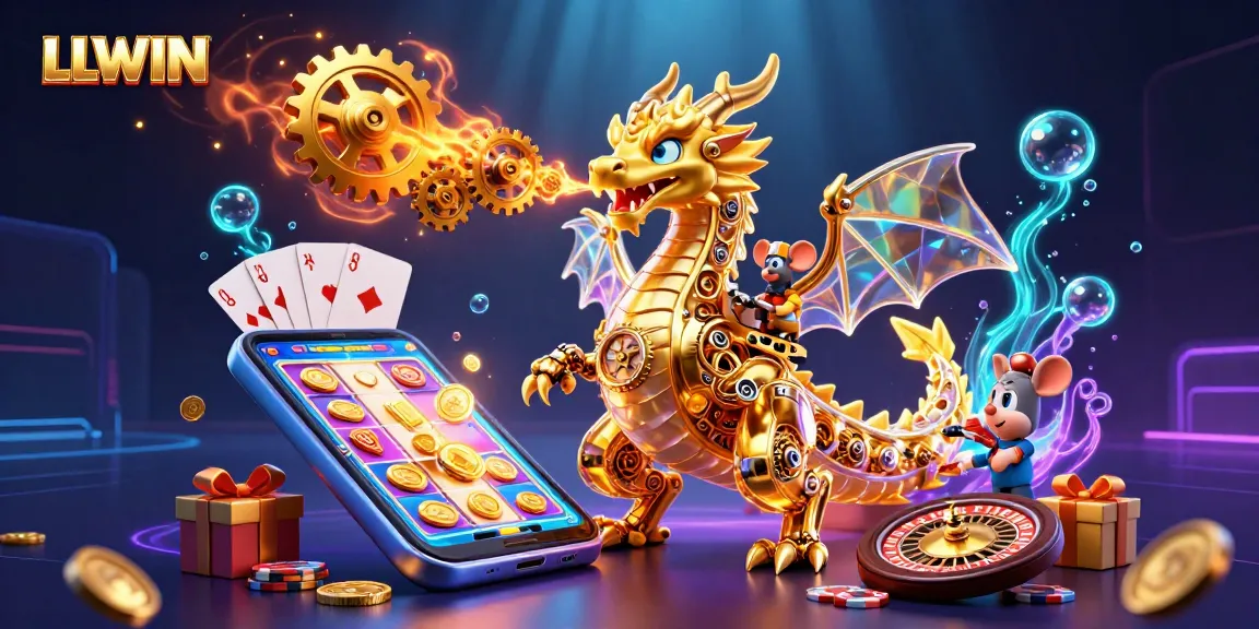 Experience thrilling gameplay at LLWIN with a vibrant scene of dragon mechanics, slot games, and casino excitement