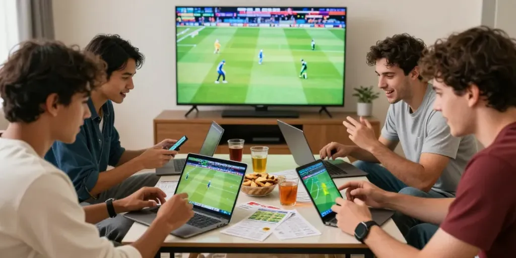Friends enjoying lotus365 sports betting on cricket and football matches at home.