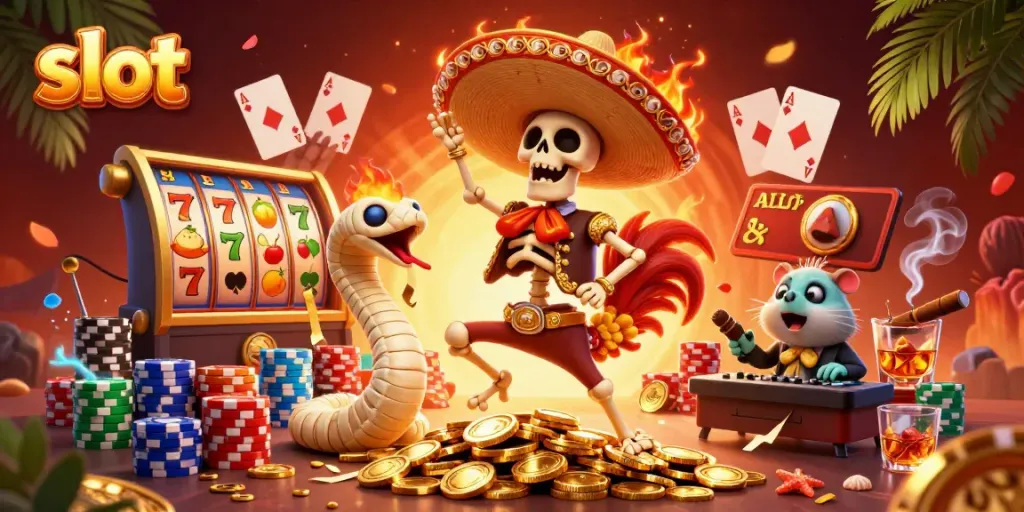 Engaging slot gaming scene featuring a rooster and friends celebrating wins amidst vibrant slot reels and colorful poker chips.