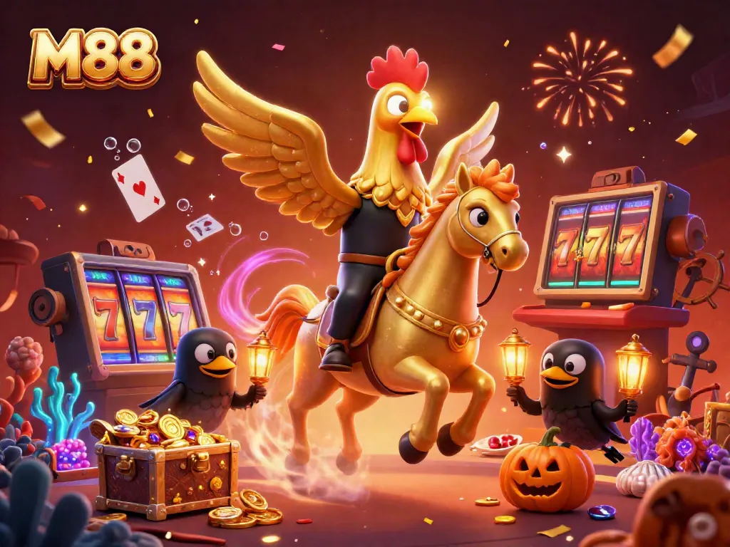 Experience the thrill of M88 gaming with a vibrant casino scene featuring lively characters.