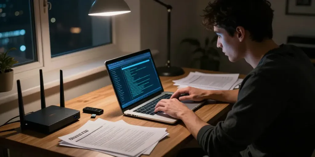 Exploring the hidden wiki dark web in a dimly lit room, with tech gadgets and notes around.