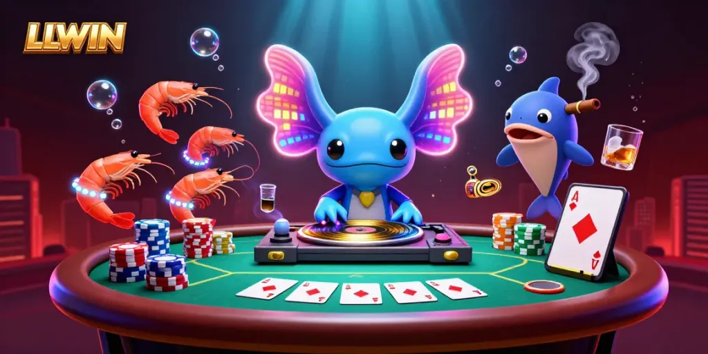 Engage with LLWIN's captivating gaming scene featuring vibrant axolotl DJ and poker elements.
