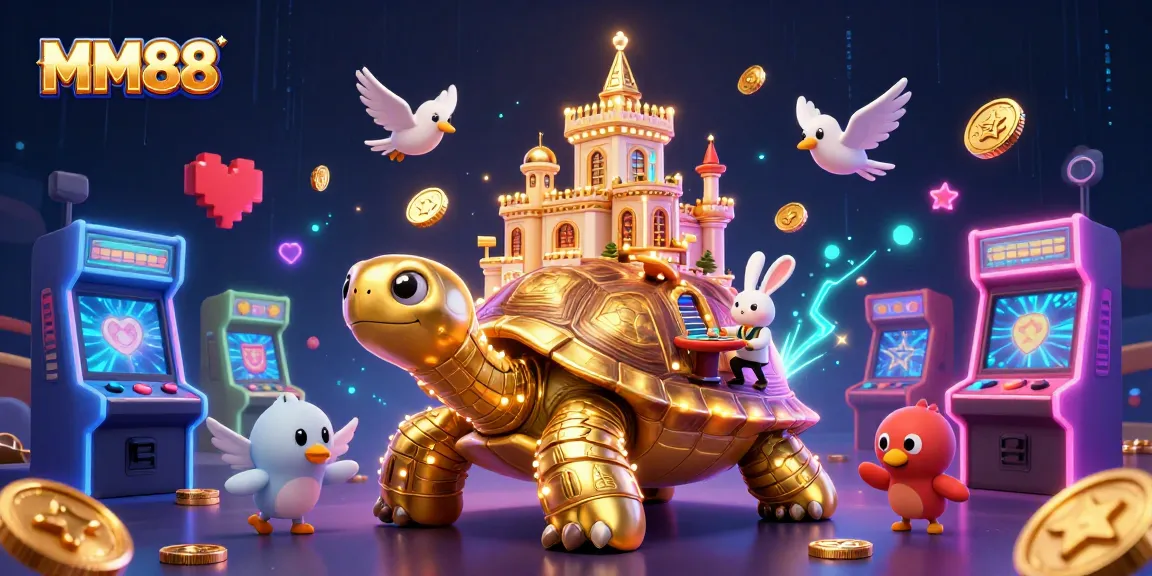 Experience MM88's thrilling casino adventure with the golden tortoise and rabbit dealer amidst vibrant gaming elements.