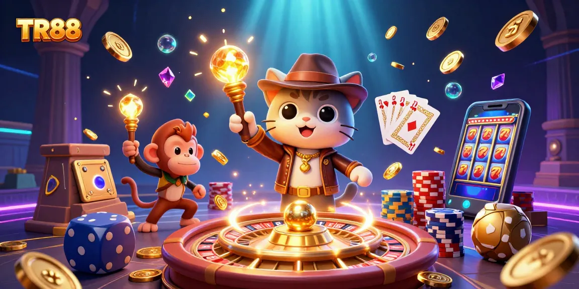 TR88 showcases a vibrant scene of a cat explorer uncovering casino treasures surrounded by gems and coins.