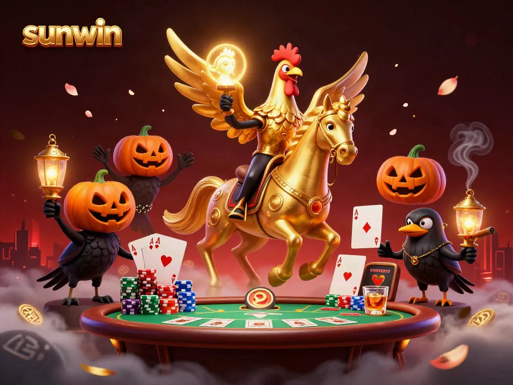 Sunwin's vibrant gaming scene comes alive with a detailed 3D rooster character at a poker table.