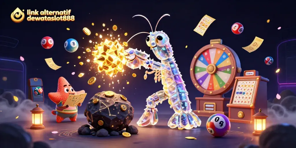 Gambar promosi link alternatif dewataslot888 menampilkan karakter unik dengan elemen kasino yang menarik.