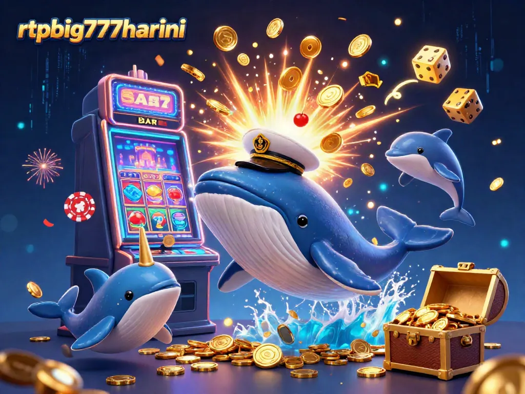 Experience rtpbig777hariini as a cartoon whale emerges from coins in dynamic online gaming scene.