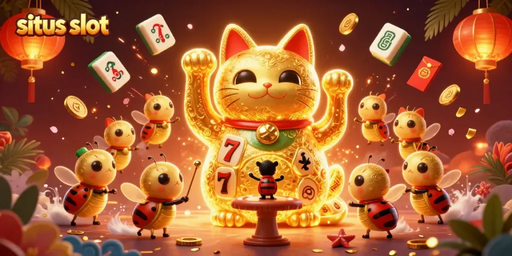 Memperkenalkan situs slot dengan ilustrasi 3D kucing keberuntungan dan simbol kasino menarik lainnya.